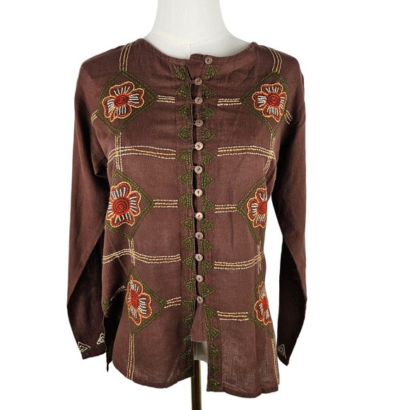 Vintage Bohemian Top Size Small Brown Embroidered Button-Up Brown Artsy Hippie - Picture 1 of 8
